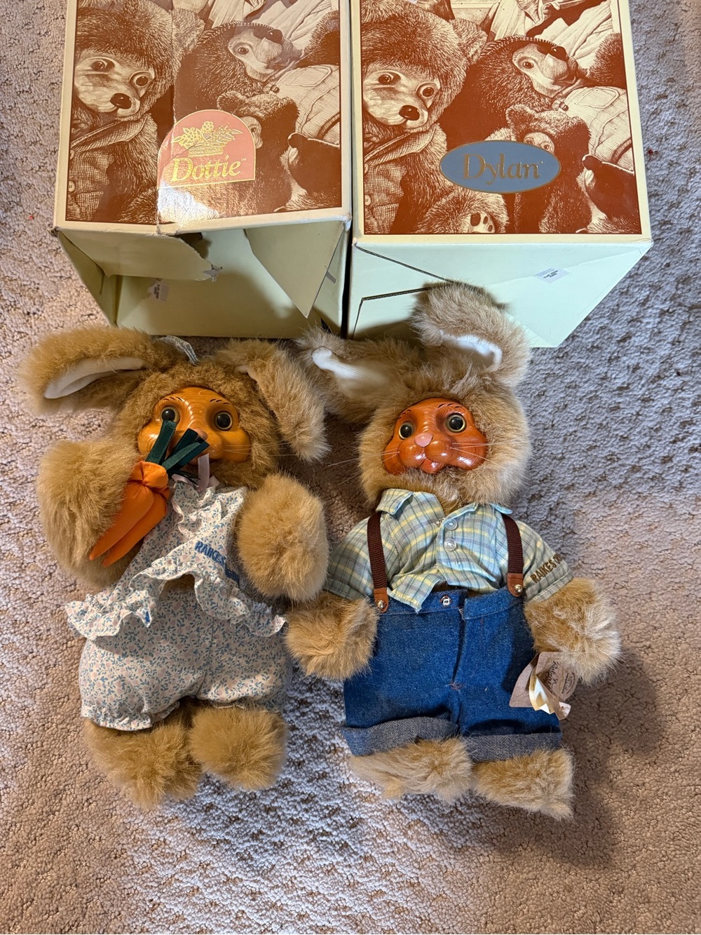 Robert Raikes Original Tan & Orange Bunny Pair Plush Dolls Dylan & Dottie